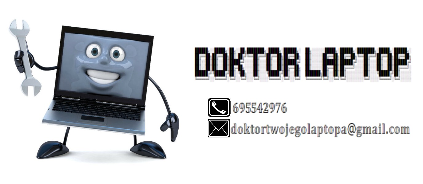 Kreskówkowy laptop z uśmiechniętą twarzą trzyma klucz francuski, obok nazwa firmy w stylu pixel-art 'DOKTOR LAPTOP' oraz numer telefonu i adres email.