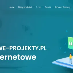 Ilustracja strony internetowej z elementami graficznymi: dłoń z kciukiem w górę, dymki z cytatami, postacie witające się, pióro, binarny kod w tle, nazwa firmy i adres strony.