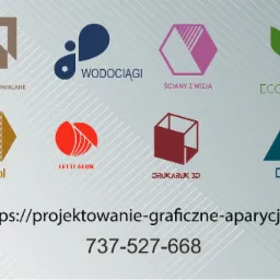 Zestaw minimalistycznych logo w różnych kolorach i kształtach, prezentujących różne marki i branże, na jasnoszarym tle z delikatnym wzorem linii, z adresem strony internetowej i numerem telefonu...