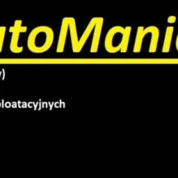 Logo firmy AutoMania z listą oferowanych usług: wymiana oleju, opon, płynów eksploatacyjnych, naprawy bieżące, zawieszenia, hamulce, wulkanizacja.