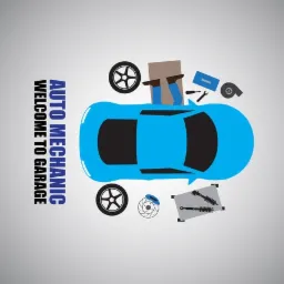Stylizowana grafika: błękitny samochód widziany z góry, koła, tarcza hamulcowa, amortyzatory, narzędzia i nogi osoby pracującej pod pojazdem, napis 'Auto Mechanic Welcome to Garage'.