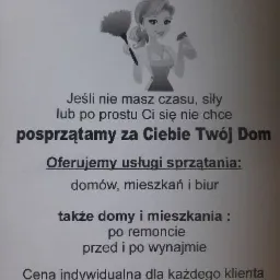 Ogłoszenie firmy 'Czysty Dom' z rysunkową postacią kobiety z miotełką i butelką ze spryskiwaczem, oferującej usługi w zakresie domów, mieszkań i biur, również po remoncie oraz przed i po wynajmie...