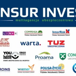 Logo multiagencji ubezpieczeniowej Insur Invest z logotypami współpracujących firm ubezpieczeniowych, w tym Allianz, Link4, Compensa, InterRisk, Ergo Hestia, Warta, TUZ, HDI, Aviva, Generali, MTU...