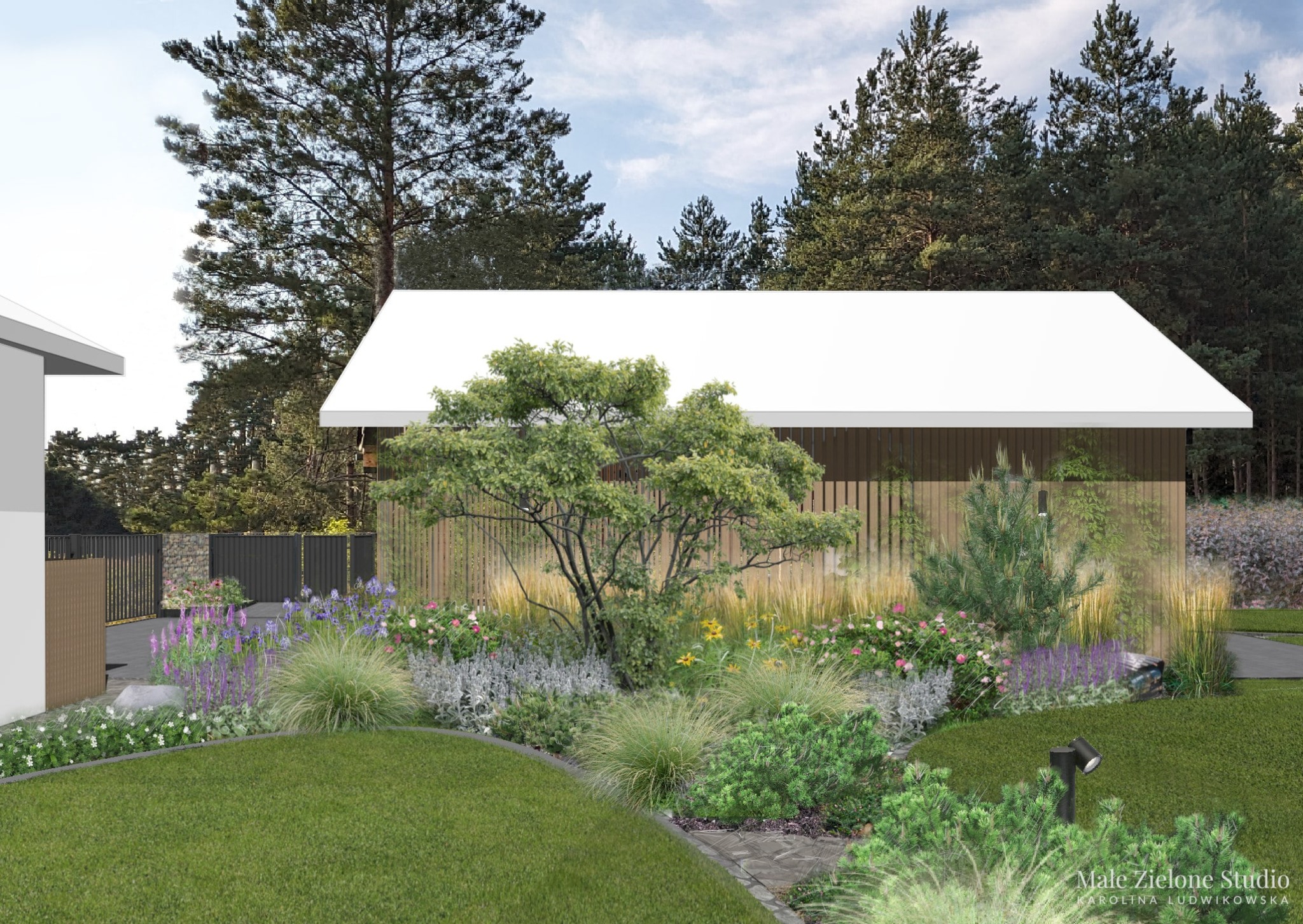 Wizualizacja ogrodu naturalistycznego z budynkiem w tle, ukazująca kompozycję roślin, trawnik i oświetlenie.