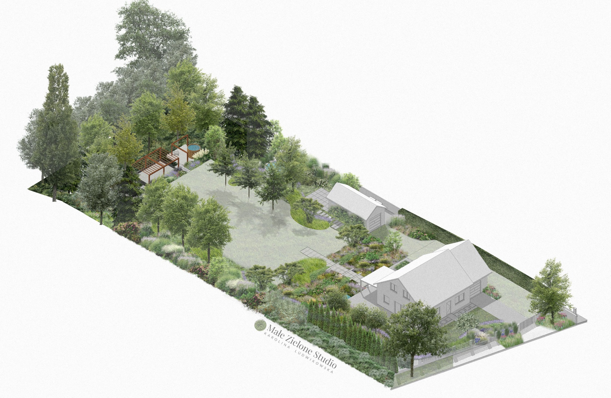 Wizualizacja 3D ogrodu naturalistycznego z domem, pergolą drewnianą, basenem i bujną roślinnością, prezentowana z lotu ptaka.