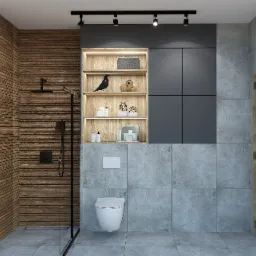 Nowoczesna łazienka z drewnianą ścianą prysznicową, szarą zabudową meblową z podświetlanymi półkami, wiszącą toaletą i szarymi płytkami.