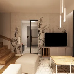 Wizualizacja salonu z drewnianymi schodami, kominkiem z drewnem, telewizorem, stolikiem kawowym z logo firmy projektowej, pufami i ścianą z motywem roślinnym.