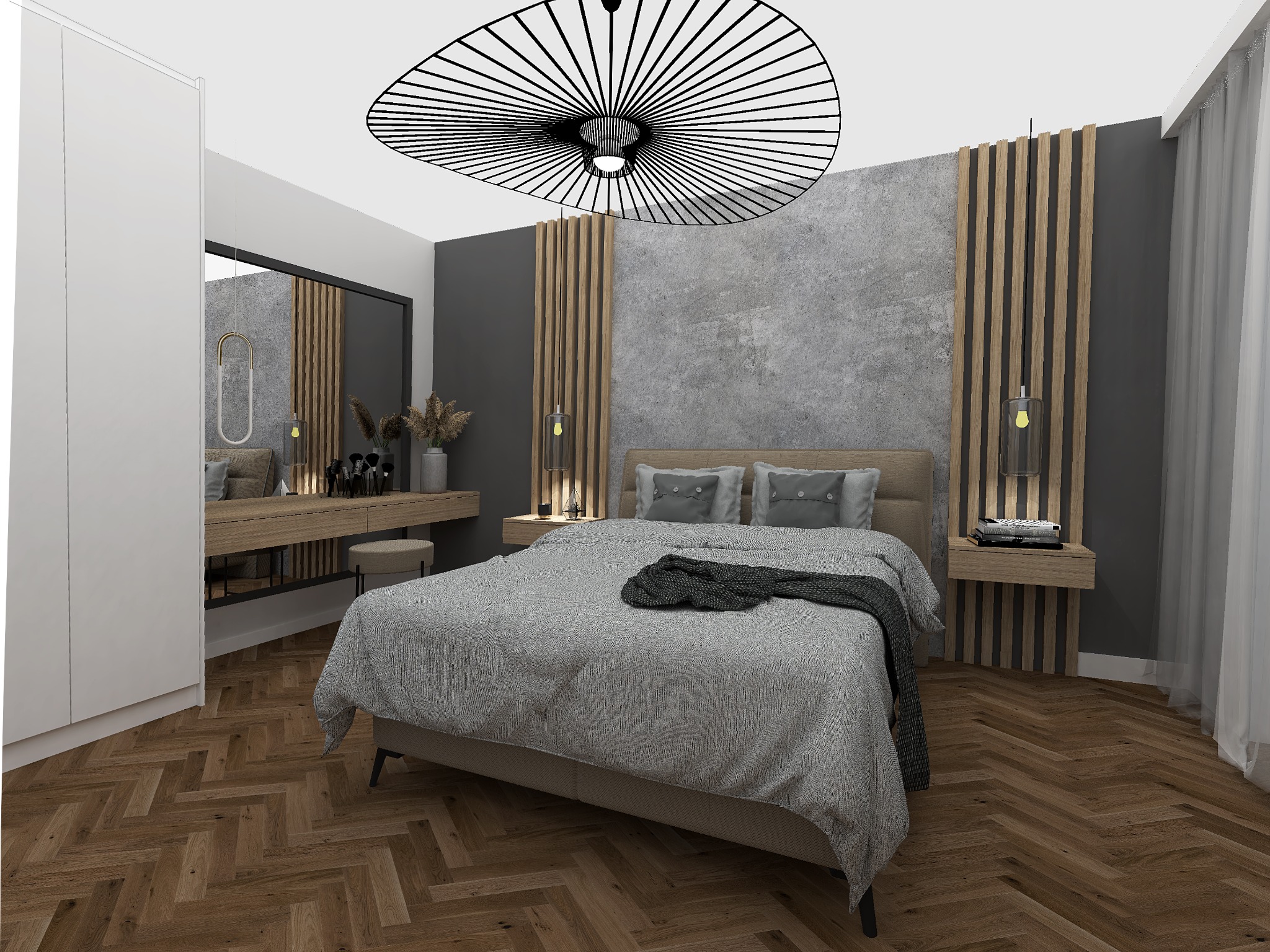 Wizualizacja sypialni z łóżkiem, toaletką i parkietem w jodełkę; nad łóżkiem dekoracyjne lamele i lampa z ażurowym kloszem.