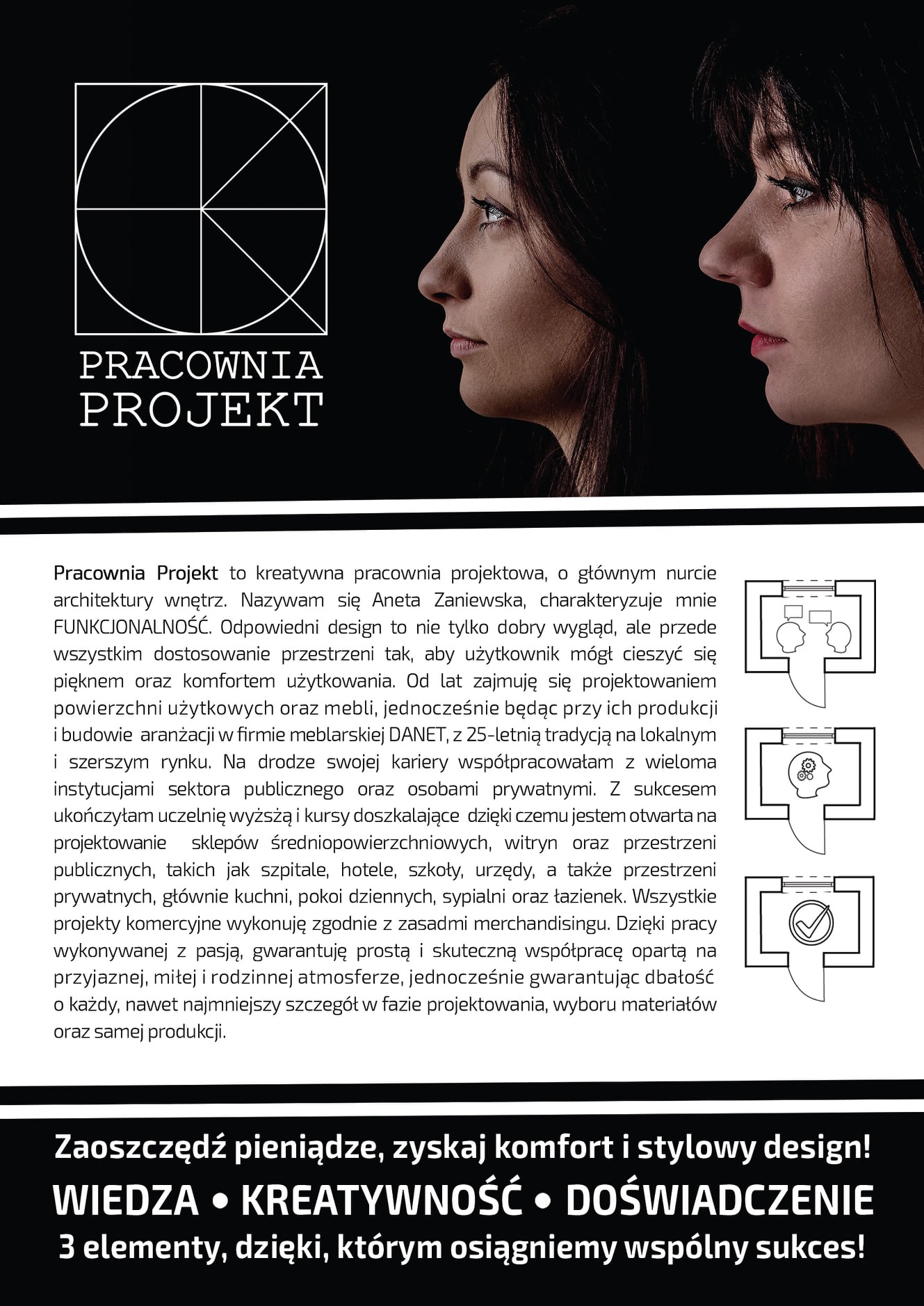 Grafika reklamowa pracowni projektowej z logo, portretami dwóch kobiet z profilu i tekstem o wiedzy, kreatywności i doświadczeniu.