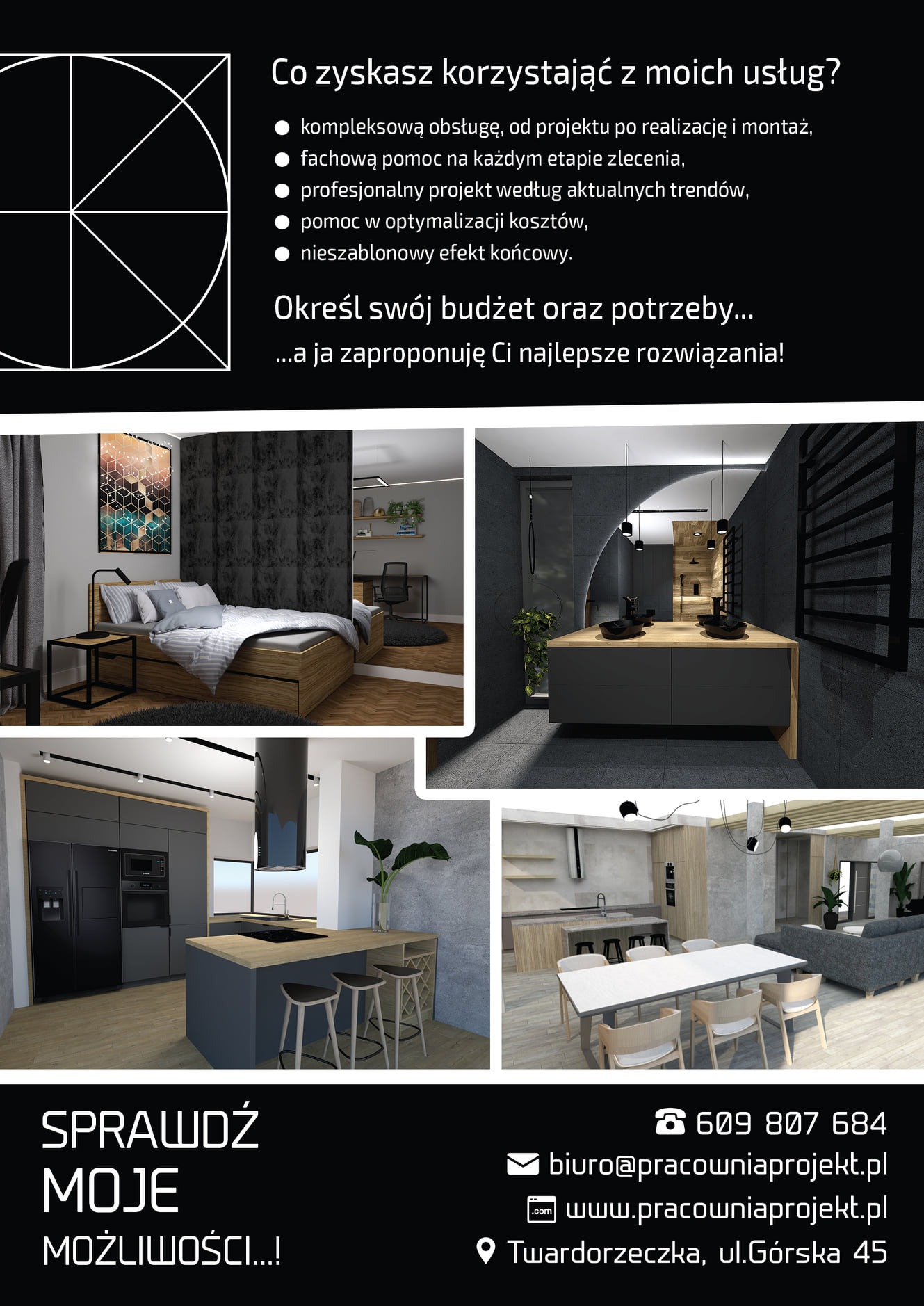 Kolaż wizualizacji wnętrz: sypialnia z geometrycznym obrazem, łazienka z drewnianym blatem i czarnymi umywalkami, kuchnia z wyspą i hokerami, jadalnia z szarym narożnikiem. W tle logo firmy...