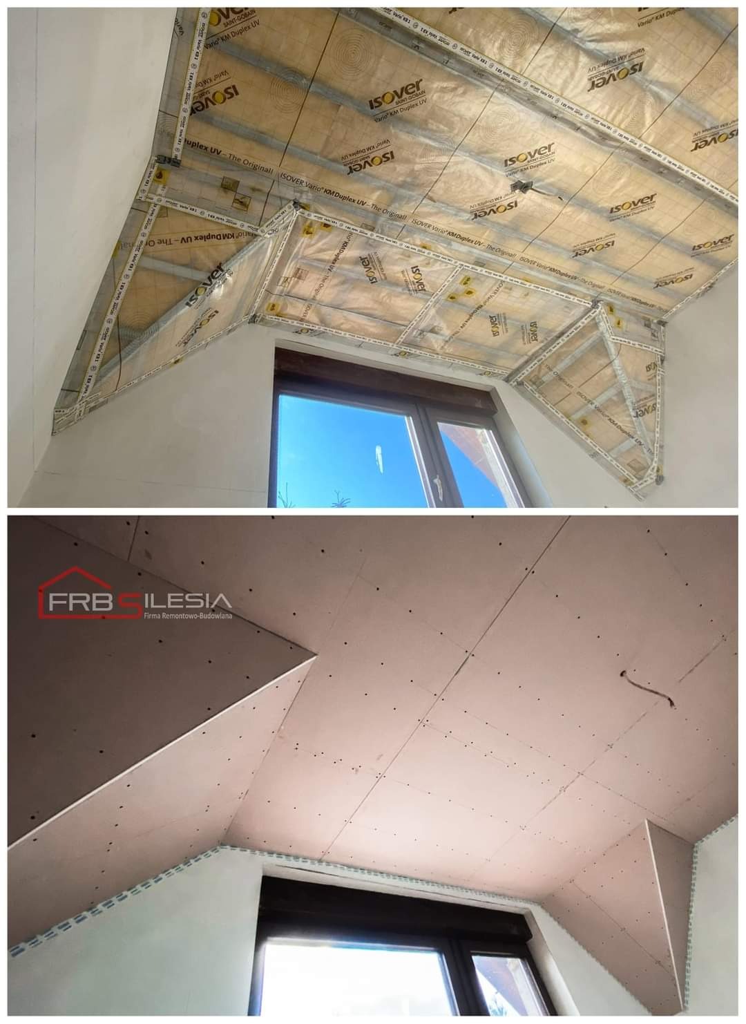 Dwa ujęcia poddasza: pierwsze pokazuje izolację z folią i wełną mineralną Isover przed oknem dachowym, drugie przedstawia zamontowane płyty kartonowo-gipsowe z widocznymi śrubami i logo firmy...