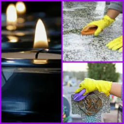 Montaż zdjęć: Płonąca znicz na nagrobku, czyszczenie kamiennej płyty nagrobnej szczotką i mycie krzyża na cmentarzu szmatką.