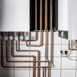 Biały piec grzewczy z miedzianymi rurami i manometrami na tle białych płytek z czarną fugą.