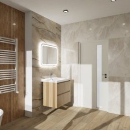OLIV - Design projektowanie wnętrz Justyna Leszczyńska - Nowoczesna łazienka z drewnianą ścianą, podświetlanym lustrem i marmurowymi płytkami. Minimalistyczny grzejnik drabinkowy i drewniana podłoga dodają ciepła.