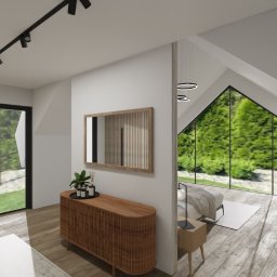 OLIV - Design projektowanie wnętrz Justyna Leszczyńska - Wnętrze sypialni na poddaszu z dużym oknem i drewnianą komodą. Minimalistyczny styl, jasne kolory, drewniana podłoga i widok na zieleń za oknem.