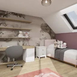 Pokój dziecięcy na poddaszu z tapetą w konie, biurkiem, łóżkiem i oknem dachowym. Pastelowa kolorystyka. Projekt pokoju dla dziewczynki.