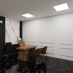 OLIV - Design projektowanie wnętrz Justyna Leszczyńska - Wizualizacja biura: czarne ściany z napisem 'Los Angeles', marmurowa ściana, drewniane biurko i krzesła na czarnej podłodze z żyłami. Nowoczesny design.