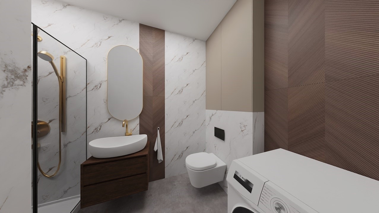 Nowoczesna łazienka z marmurowymi płytkami, złotą armaturą i drewnianymi akcentami. Umywalka na szafce, toaleta podwieszana, kabina prysznicowa i pralka.