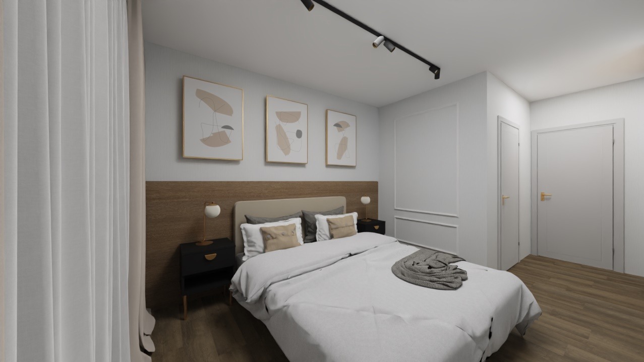 Nowoczesna sypialnia z drewnianym panelem za łóżkiem, minimalistycznymi obrazami i lampkami nocnymi. Jasne kolory i proste linie tworzą spokojny klimat.