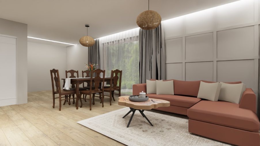 Wnętrze salonu z jadalnią: drewniany stół z krzesłami, brązowa sofa z poduszkami i stolik kawowy z blatem z naturalnego drewna na wzorzystym dywanie.