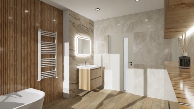Nowoczesna łazienka z drewnianą ścianą, podświetlanym lustrem i marmurowymi płytkami. Minimalistyczny grzejnik drabinkowy i drewniana podłoga dodają ciepła.
