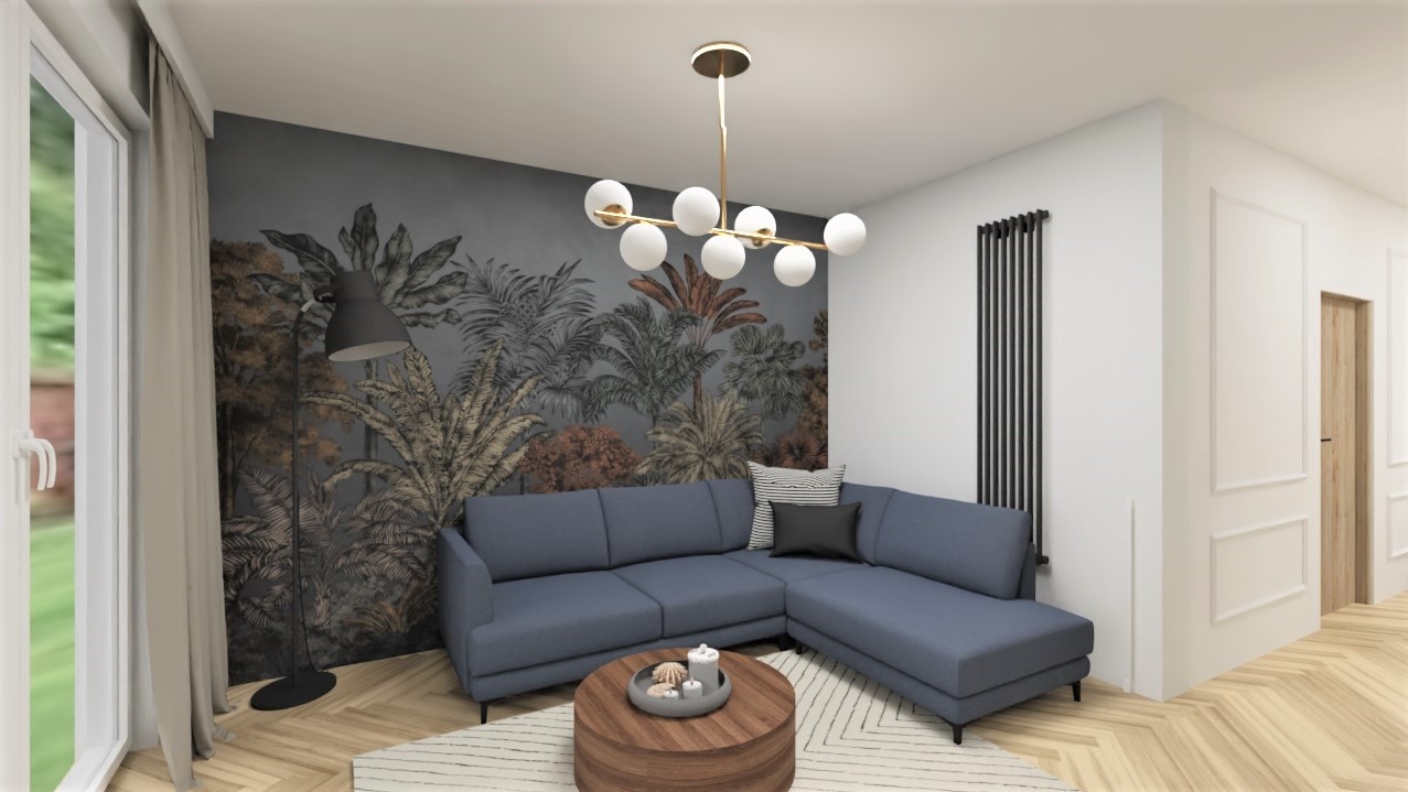 Aranżacja salonu z narożnikiem w odcieniach niebieskiego, lampą sufitową z kulami i fototapetą z motywem tropikalnych roślin. Parkiet ułożony w jodełkę.