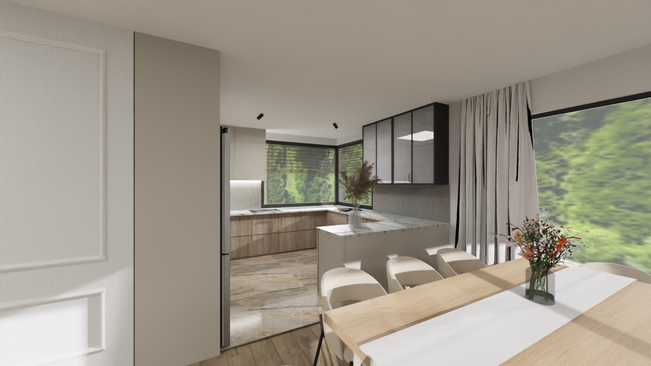 Wnętrze jasnej kuchni z oknem na zieleń, marmurowy blat, drewniane szafki i stół z kwiatami. Nowoczesny design z elementami naturalnymi.