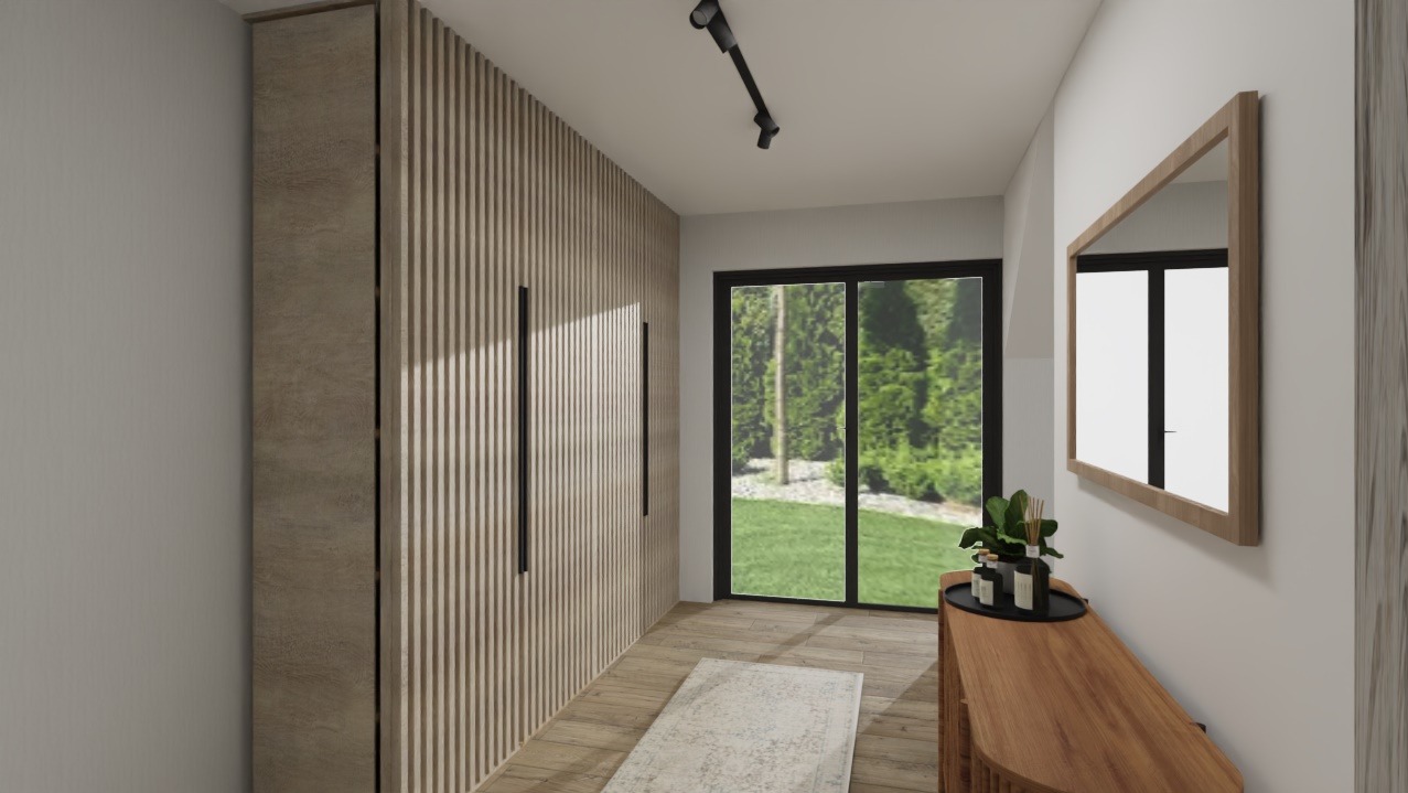 Nowoczesny przedpokój z drewnianą zabudową szafy w pionowe lamele, lustrem w drewnianej ramie i widokiem na zieleń za oknem.