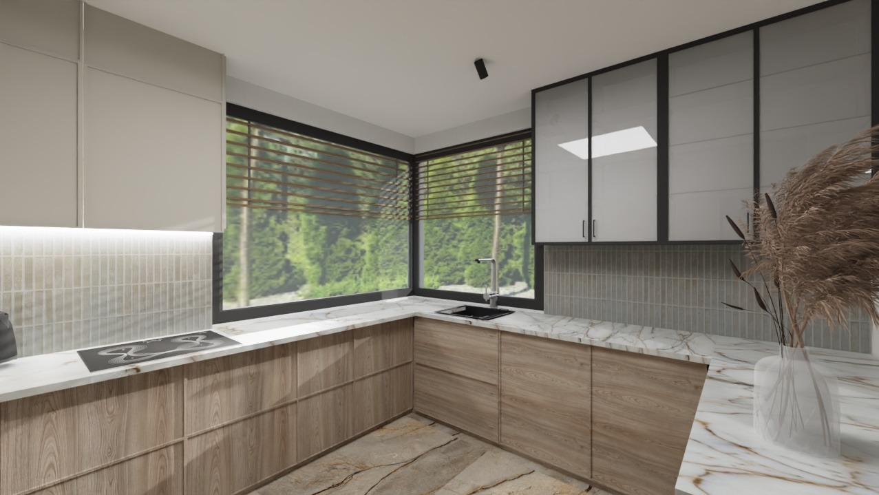Nowoczesna kuchnia z drewnianymi szafkami, marmurowym blatem i dużym oknem z widokiem na zieleń. Minimalistyczny design z akcentem w postaci dekoracyjnej trawy w wazonie.