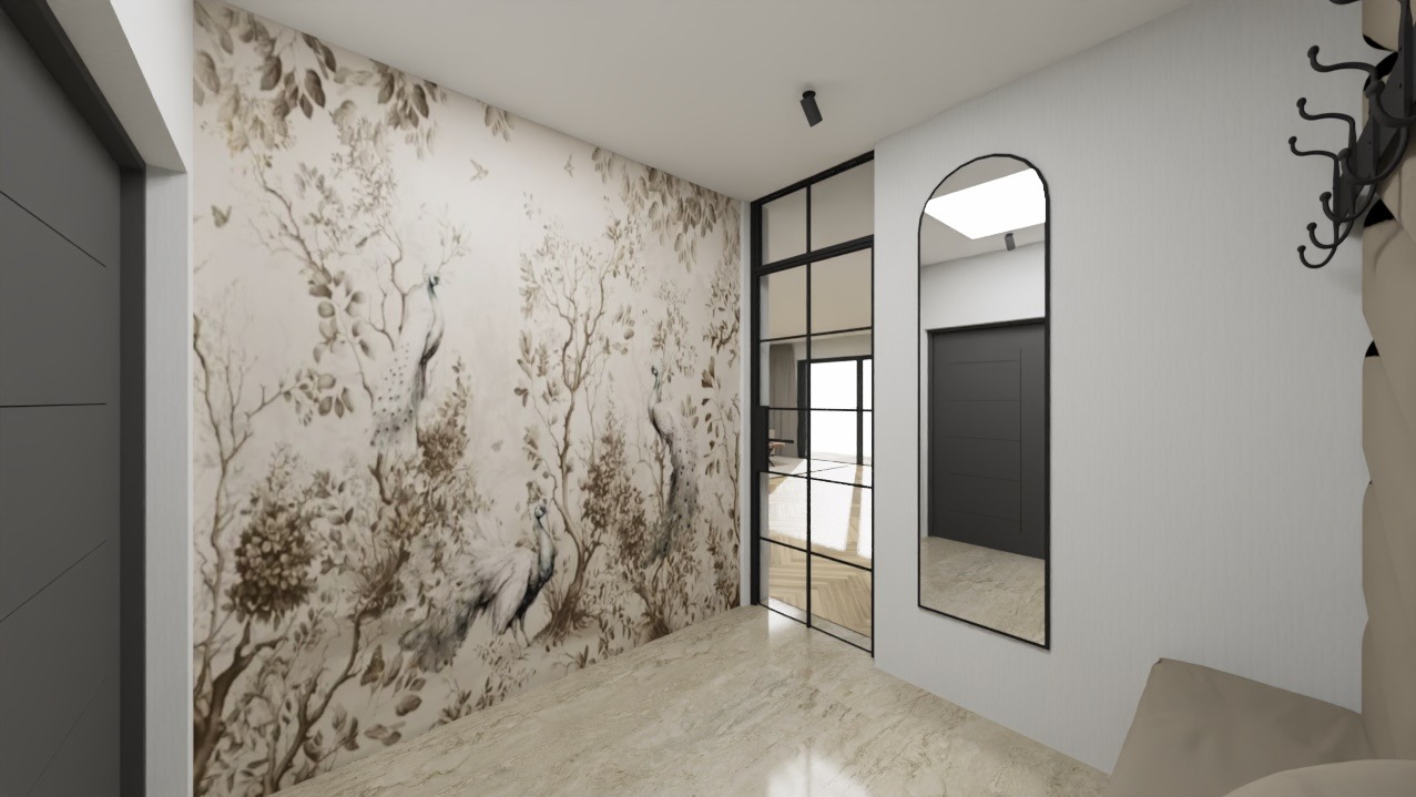 Elegancki przedpokój z tapetą w motywy roślinne, lustrem w czarnej ramie i szklanymi drzwiami. Jasna podłoga i nowoczesne oświetlenie.