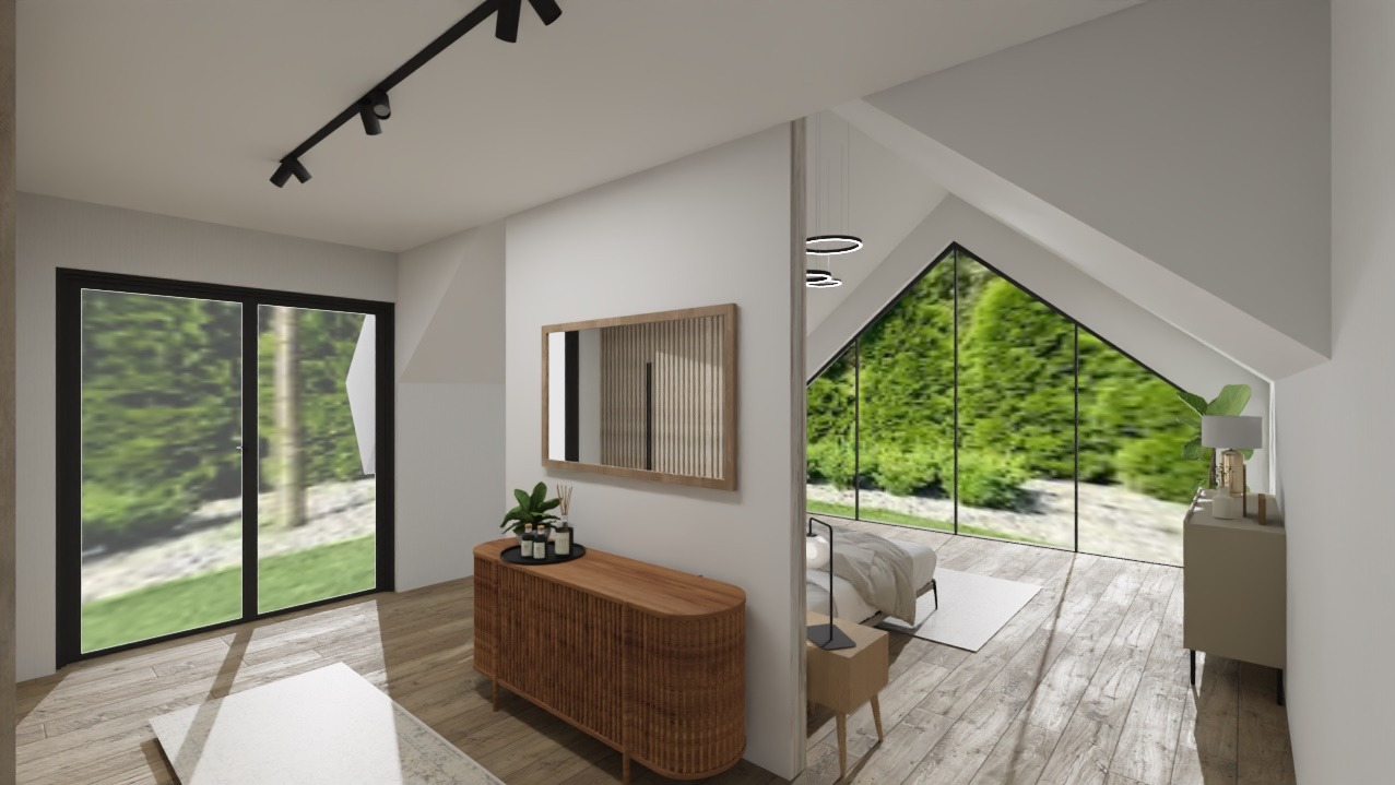 Wnętrze sypialni na poddaszu z dużym oknem i drewnianą komodą. Minimalistyczny styl, jasne kolory, drewniana podłoga i widok na zieleń za oknem.