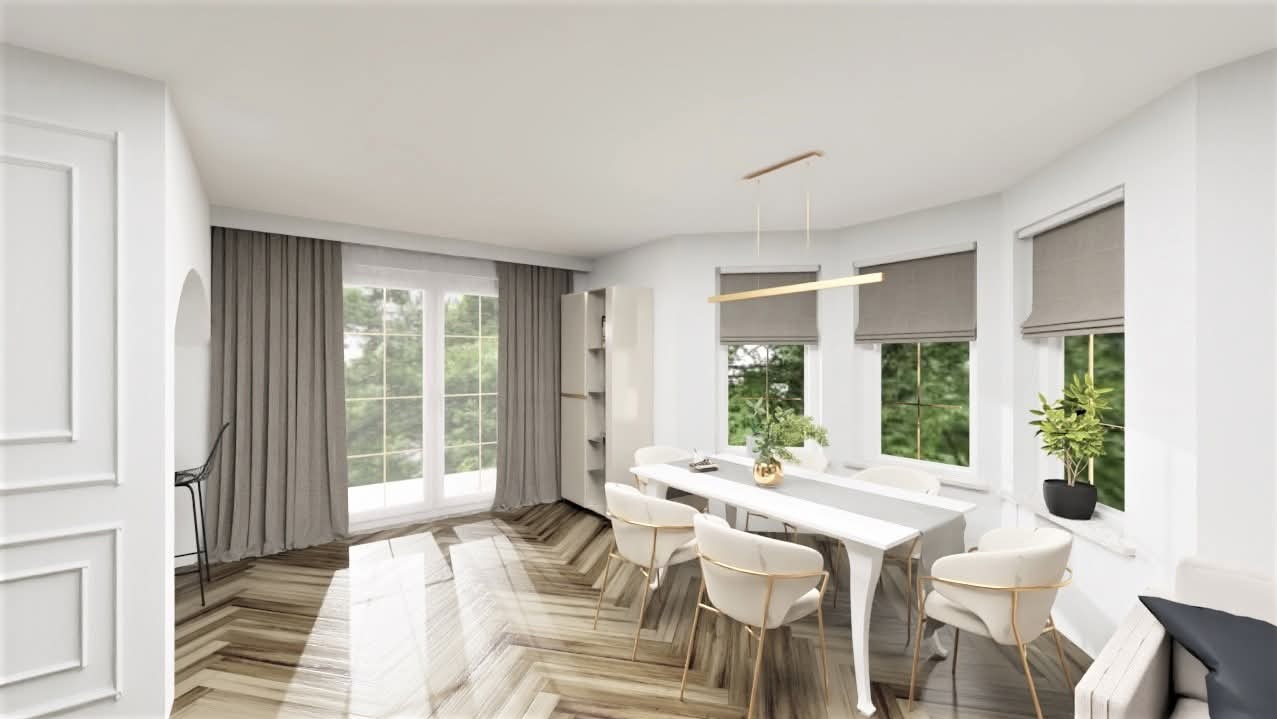Wizualizacja jasnej jadalni z parkietem w jodełkę, białym stołem i krzesłami z elementami złota. Okna z roletami rzymskimi i widokiem na zieleń. Dekoracyjny detal na ścianie.