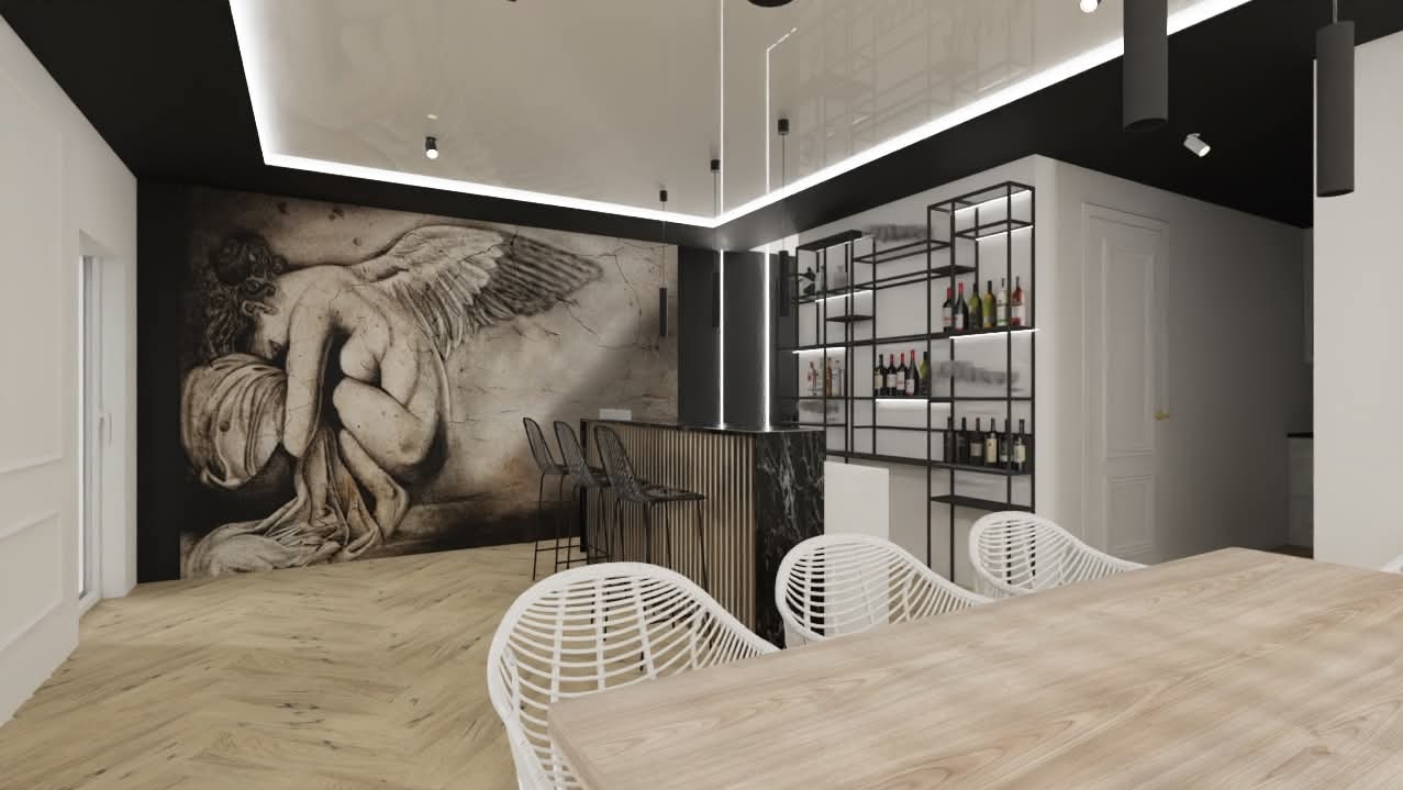 Nowoczesna aranżacja wnętrza z barem i muralem anioła. Jasne drewno, czarne akcenty, minimalistyczne oświetlenie, białe krzesła. Unikalny design z charakterem.