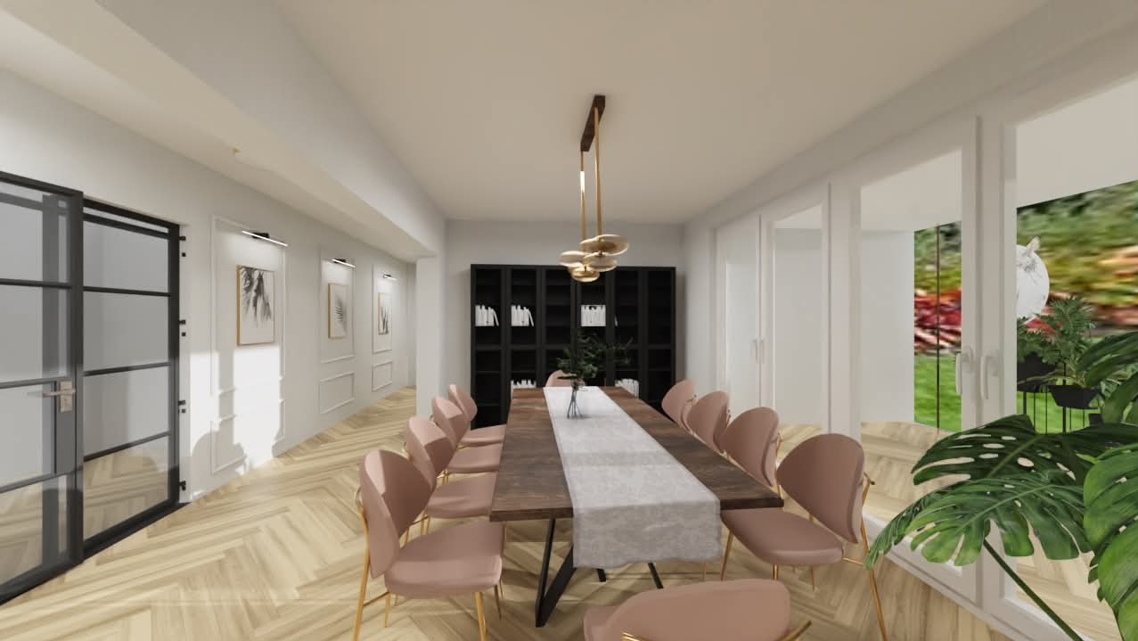 Wizualizacja jadalni z długim drewnianym stołem, różowymi krzesłami i czarnym regałem na książki w tle. Parkiet w jodełkę i nowoczesna lampa wisząca.