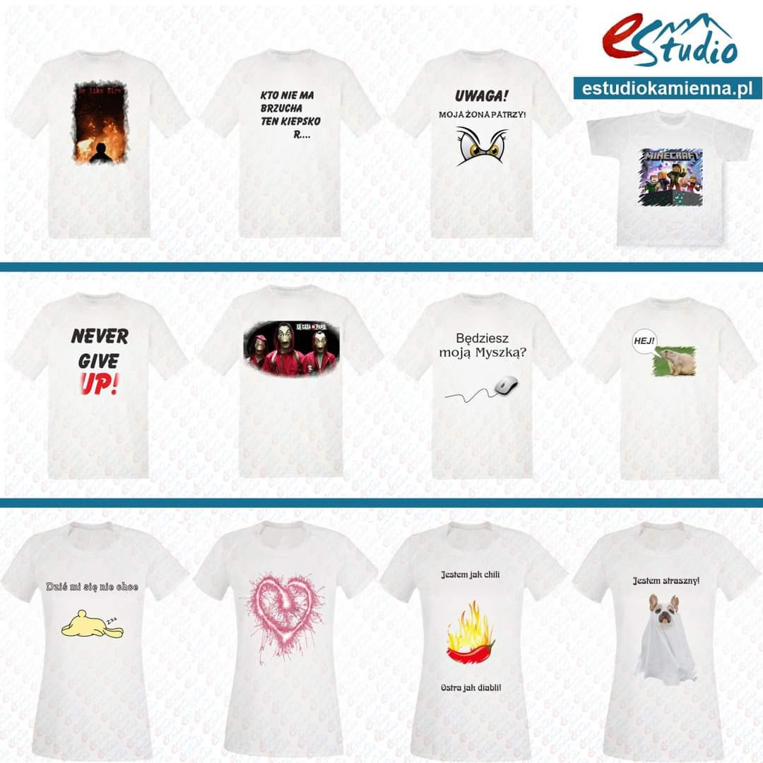 Kolekcja białych t-shirtów z różnorodnymi nadrukami: postacie z seriali, gry Minecraft, motyw serca, śmieszne hasła i grafiki, prezentowane w układzie 3x4.