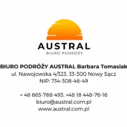 Logo Biura Podróży AUSTRAL z motywem wschodzącego słońca, nazwa firmy, dane adresowe, kontaktowe i NIP.