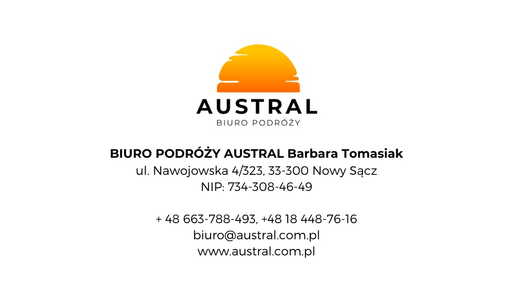 Logo Biura Podróży AUSTRAL z motywem wschodzącego słońca, nazwa firmy, dane adresowe, kontaktowe i NIP.