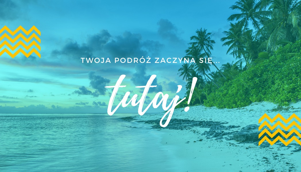 Tropikalna plaża z turkusową wodą, białym piaskiem, palmami i napisem 'Twoja podróż zaczyna się... tutaj!'