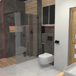 Wizualizacja łazienki z kabiną prysznicową typu walk-in, umywalką nablatową z czarną armaturą, podwieszaną toaletą i elementami wykończenia imitującymi drewno.