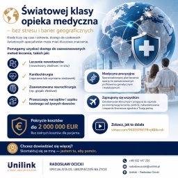 Radosław Ocicki Ubezpieczenia - Światowa opieka medyczna: grafika z globusem, tarczą z krzyżem i parą. Oferta leczenia nowotworów, kardiochirurgii, neurochirurgii, przeszczepów, z pokryciem do 2 mln EUR.