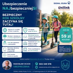 Radosław Ocicki Ubezpieczenia - Reklama ubezpieczenia szkolnego dla dzieci, z dwojgiem uśmiechniętych dzieci na hulajnogach przed budynkiem, prezentująca szczegółowe korzyści polisy i dane kontaktowe brokera.