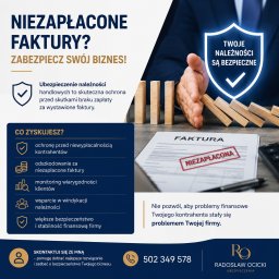 Radosław Ocicki Ubezpieczenia - Ręka powstrzymująca przewracające się domino obok faktury z pieczęcią 'NIEZAPŁACONA', symbolizująca ochronę biznesu przed ryzykiem niezapłaconych należności.