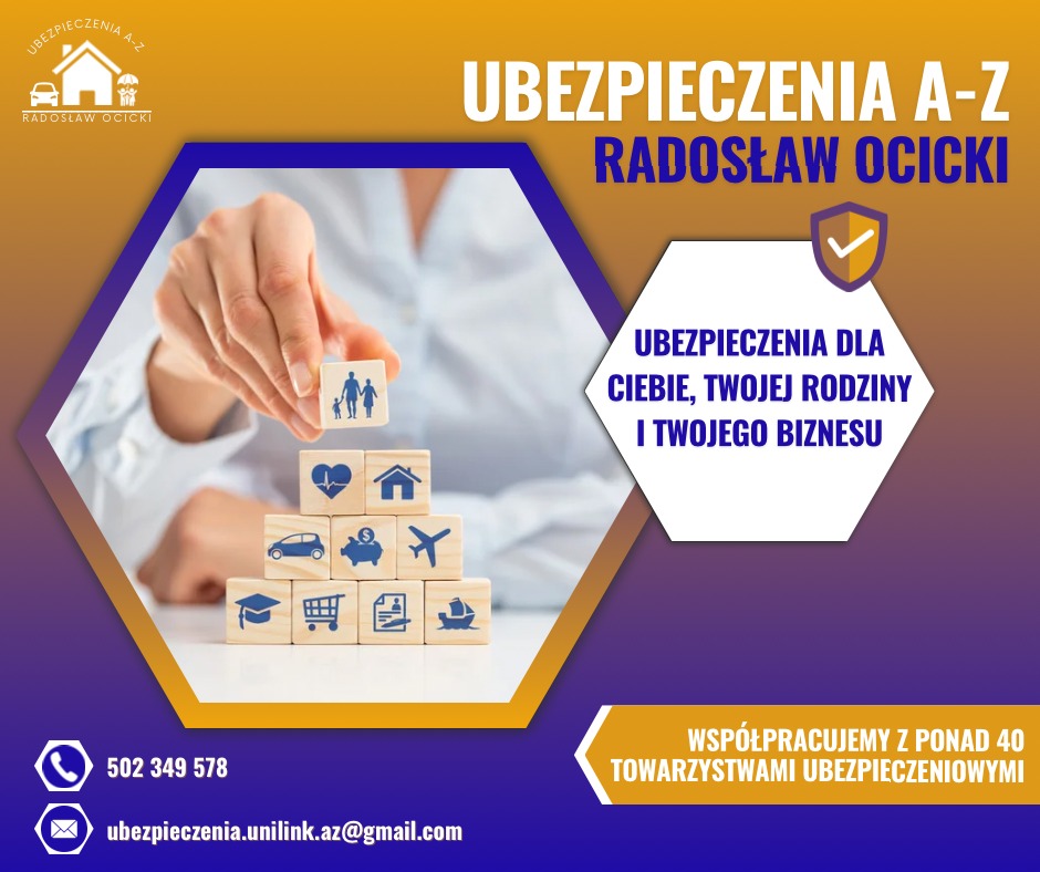 Piramida z drewnianych kostek z ikonami (dom, rodzina, auto, finanse) w dłoni. Oferta ubezpieczeń A-Z Radosław Ocicki dla Ciebie, rodziny i biznesu.