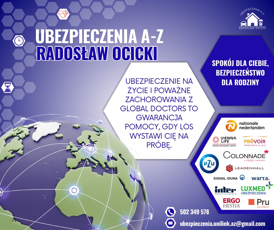 Grafika reklamowa: Ubezpieczenia A-Z Radosław Ocicki. Oferta ubezpieczeń na życie i poważne zachorowania, gwarancja pomocy. Logo firm ubezpieczeniowych.