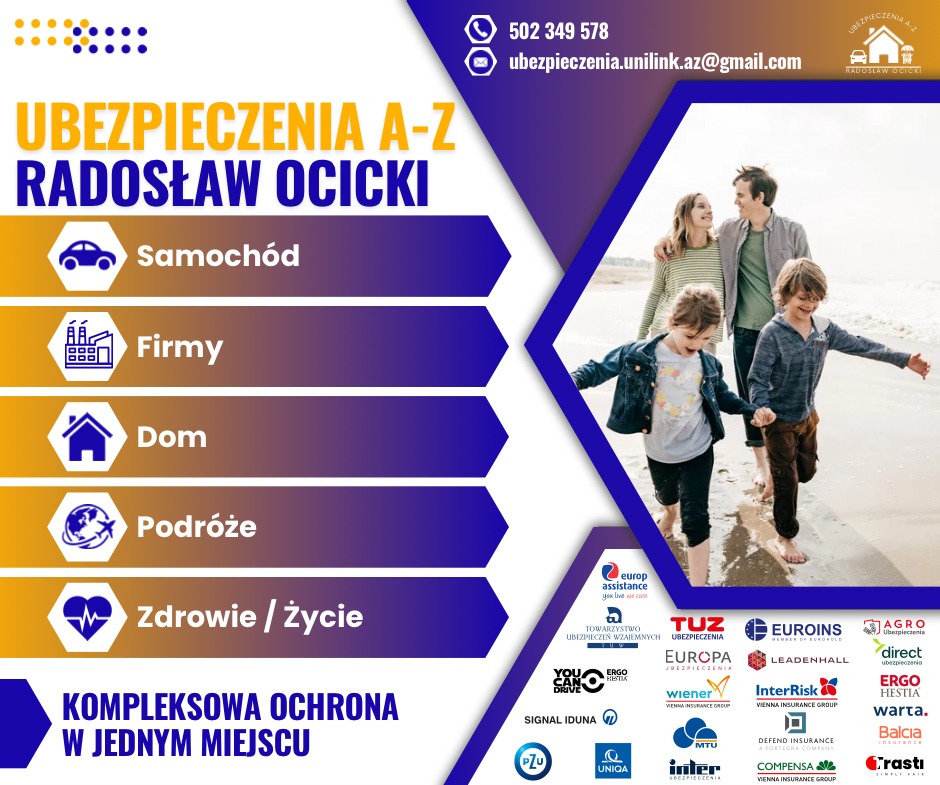 Kompleksowa ochrona ubezpieczeniowa: samochód, firma, dom, podróże, zdrowie/życie. Radosław Ocicki. Szczęśliwa rodzina na plaży, logotypy firm ubezpieczeniowych.