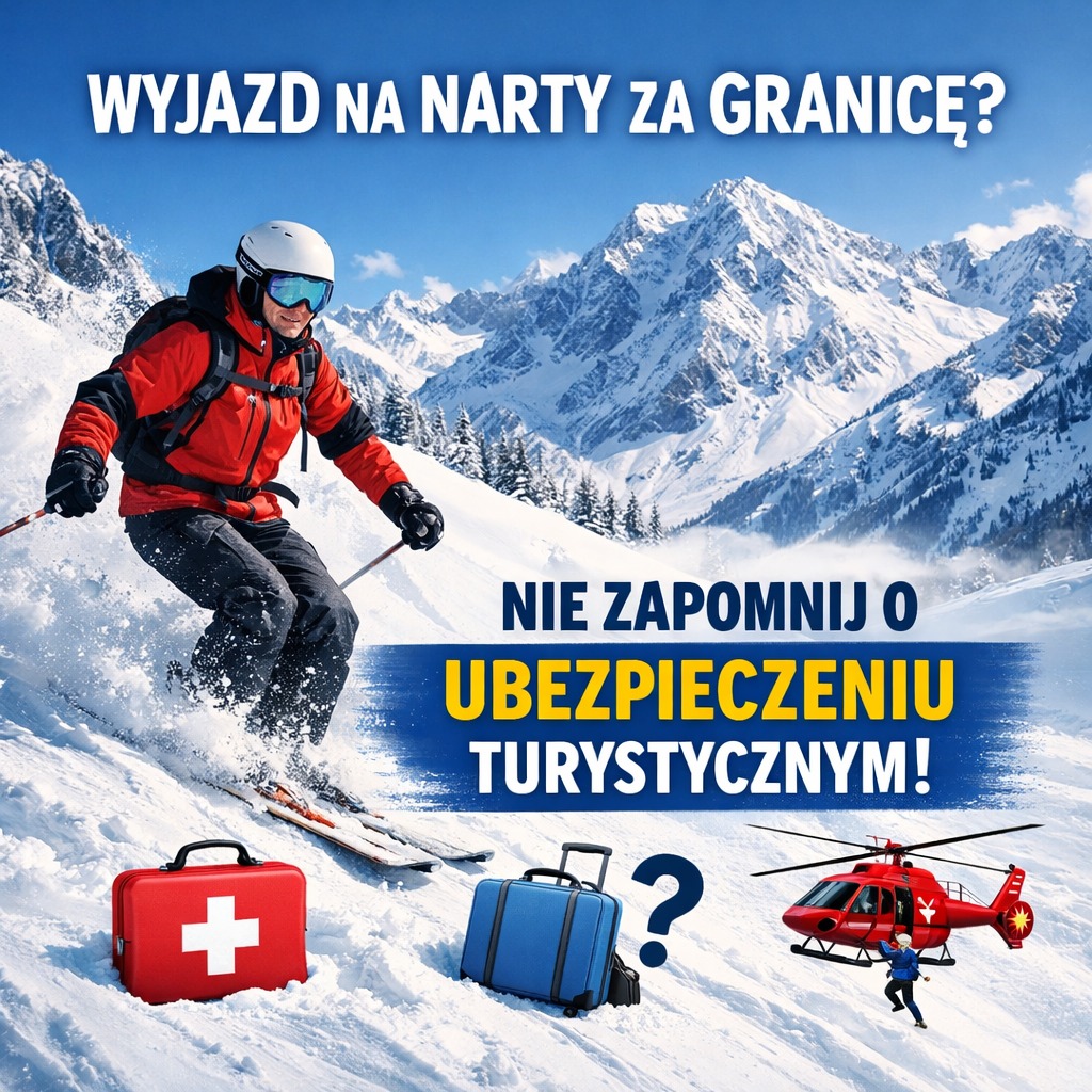 Narciarz w górach, walizka, apteczka i helikopter. Grafika promująca ubezpieczenie turystyczne na wyjazd na narty za granicę. Pytajnik obok walizki.