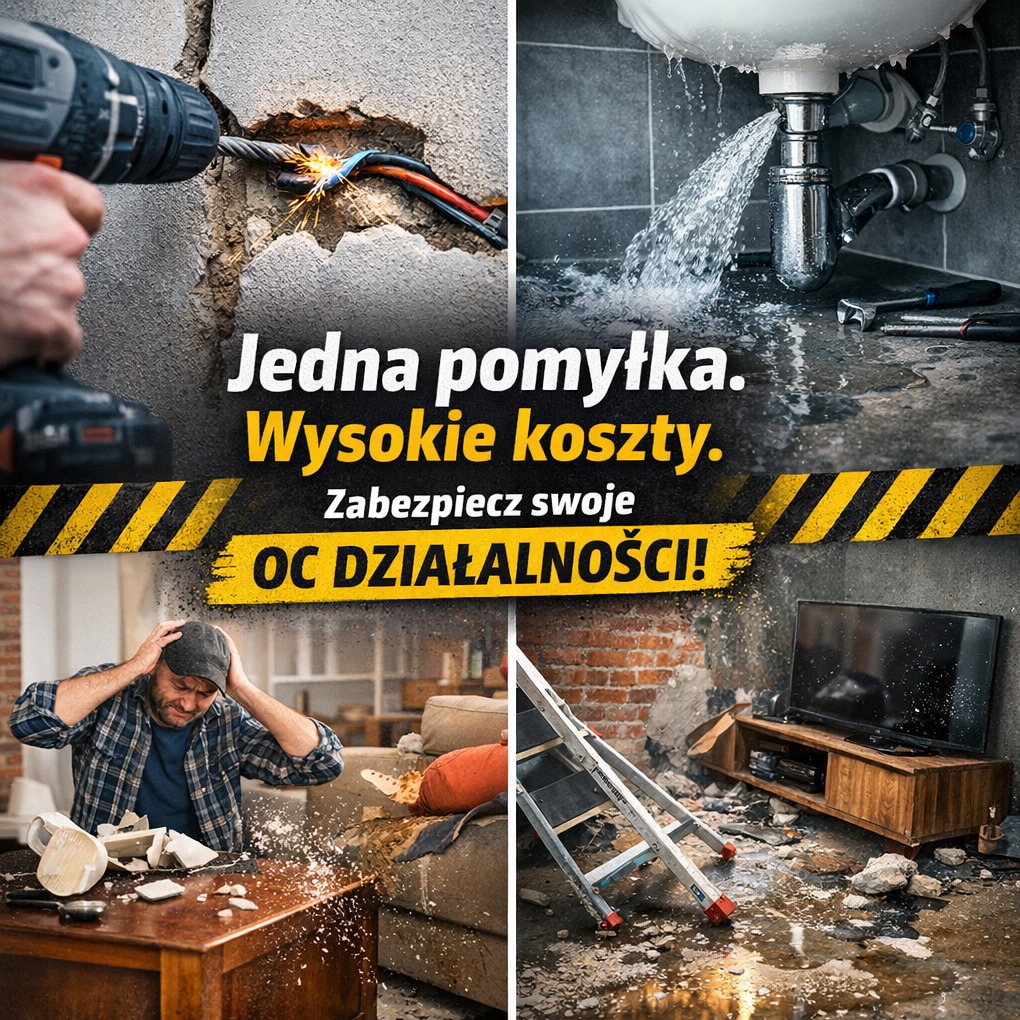 Kompozycja czterech zdjęć ilustrujących szkody: uszkodzona instalacja elektryczna, zalana łazienka, zniszczony salon i piwnica. Tekst: Zabezpiecz swoją działalność!
