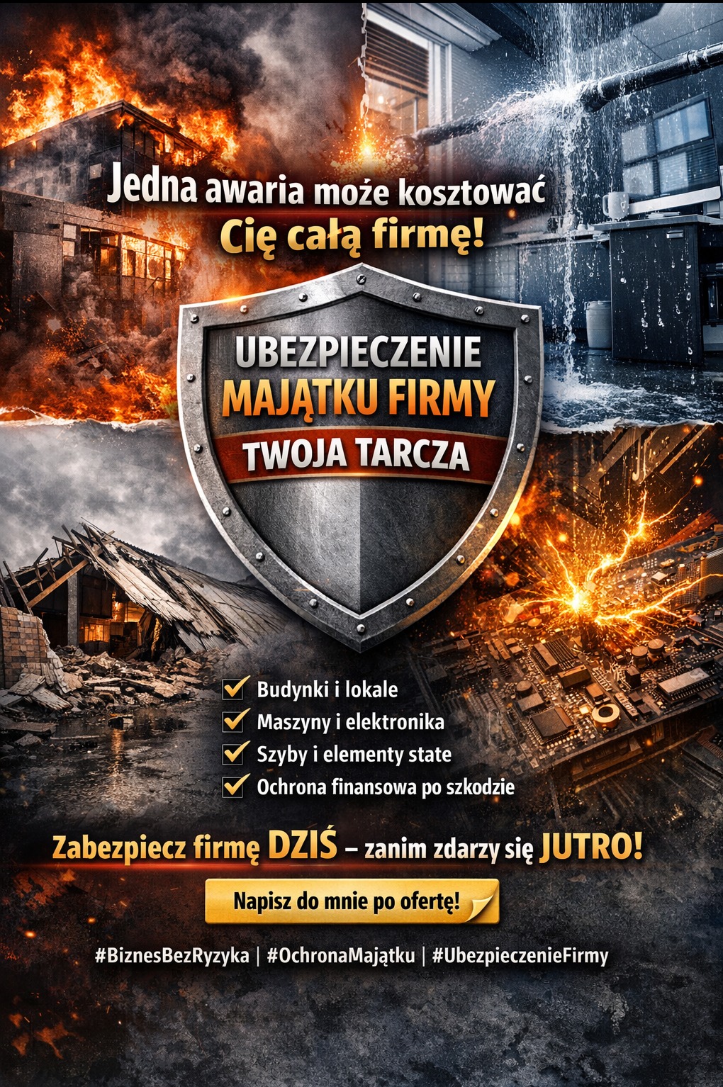 Grafika reklamowa: Ubezpieczenie majątku firmy. Kolaż przedstawia budynek w ogniu, zalanie, zniszczony budynek i uszkodzoną elektronikę. Hasło: Twoja tarcza.