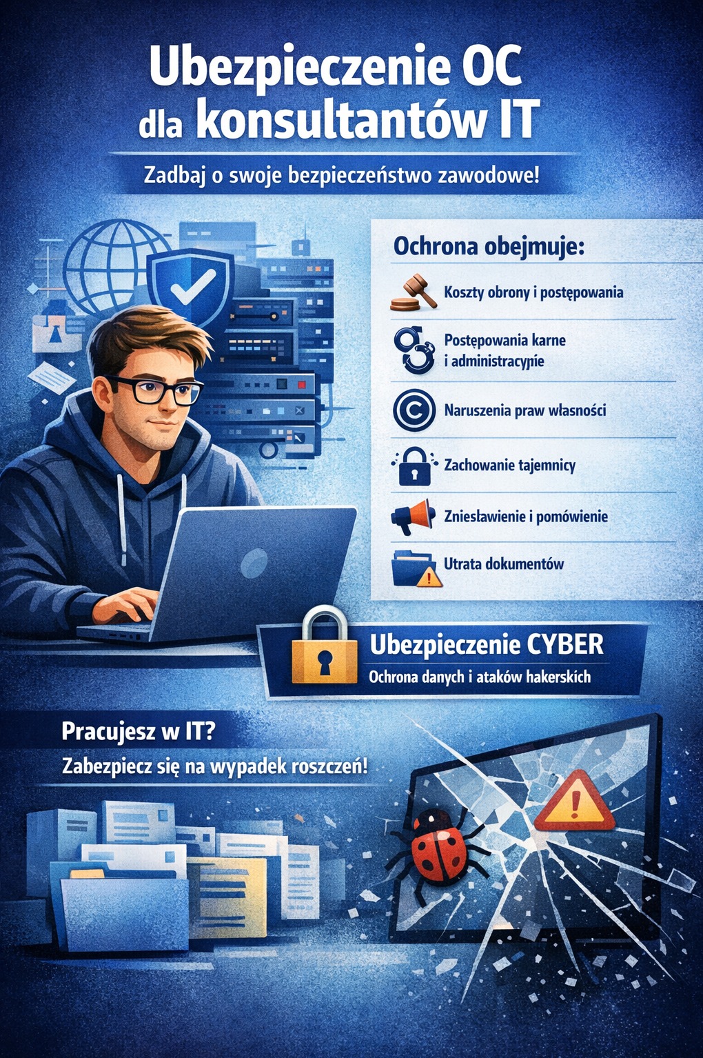 Grafika: Ubezpieczenie OC dla konsultantów IT i ubezpieczenie cyber. Mężczyzna przy laptopie, ochrona danych, atak hakerski, koszty obrony, naruszenia praw własności.