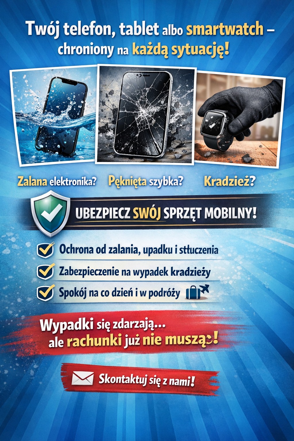 Grafika reklamowa ubezpieczenia sprzętu mobilnego: zalany telefon, pęknięta szybka, kradzież. Ochrona od zalania, upadku, kradzieży. Skontaktuj się z nami!